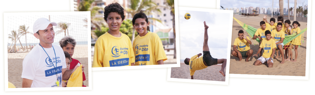 Collage aus Mitgliedern des Centro LA SIESTA am Strand beim Fußballspielen und posieren mit einer Hängematte