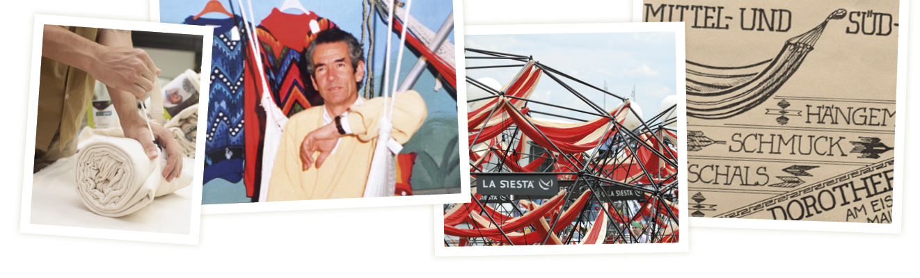 Collage von einer Hängematte die gerollt wird, einem alten Bild von Gründer Alexander Grisar, dem Hängematten Weltrekordversuch und einem alten Logo