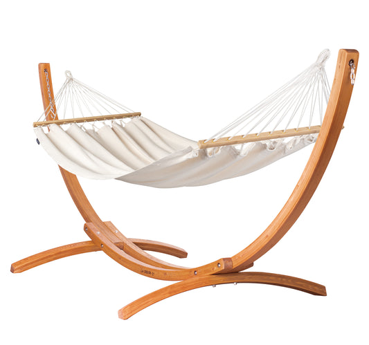 Maera Organic R Latte – Organic Cotton Single Size Spreader Bar Hammock with FSC™ certified Eucalyptus Stand