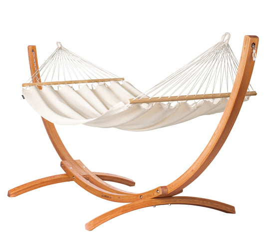 Maera Organic R Latte – Organic Cotton Double Size Spreader Bar Hammock with FSC™ certified Eucalyptus Stand