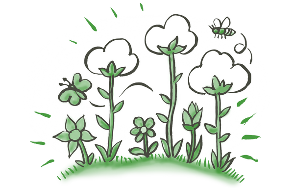 Eine Illustration von Baumwollsträuchern mit einem Schmetterling und einer Biene.